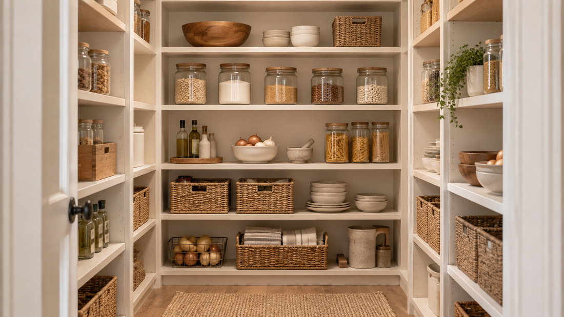 Organised walk-in pantry with glass jars, woven baskets, ceramic bowls and neatly arranged everyday kitchen essentials.