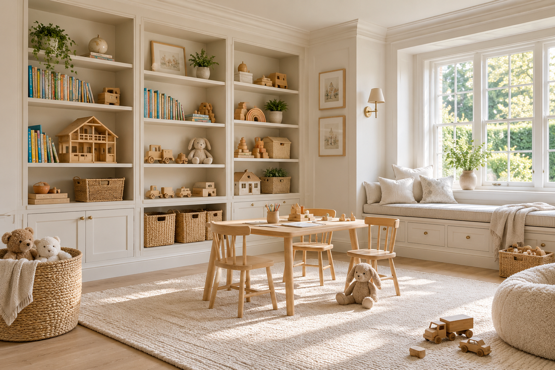 Bright organised children’s playroom with built-in storage, books, toys and natural woven baskets.