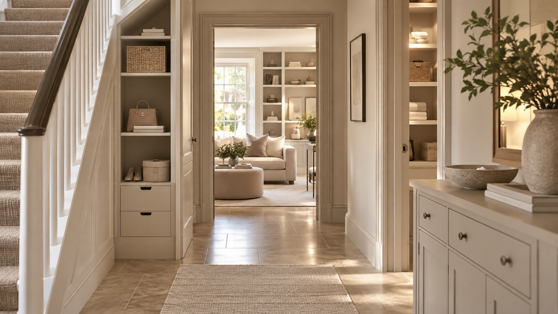 Professionally organised private home interior with built-in storage and calm, considered living spaces.