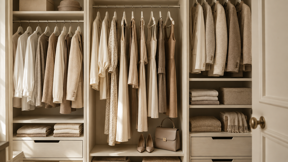 Elegant organised wardrobe with neutral clothing, folded knitwear, coordinated hangers, handbag and shoes in a warm ivory interior.