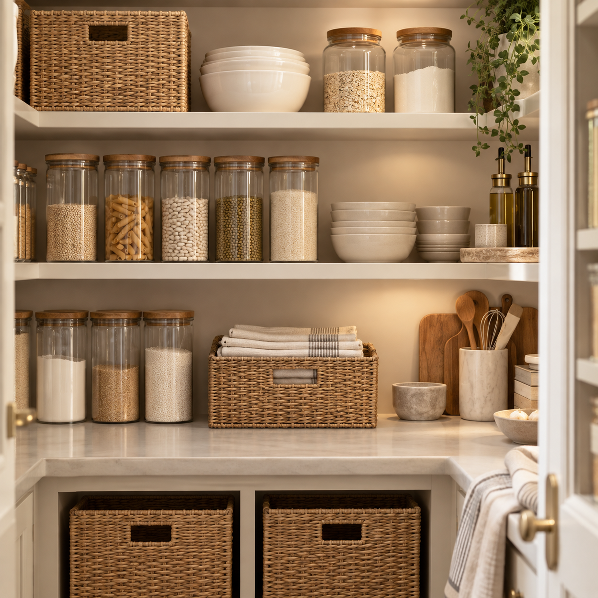 Organised pantry shelves with glass storage jars, woven baskets, bowls and neatly arranged kitchen essentials.