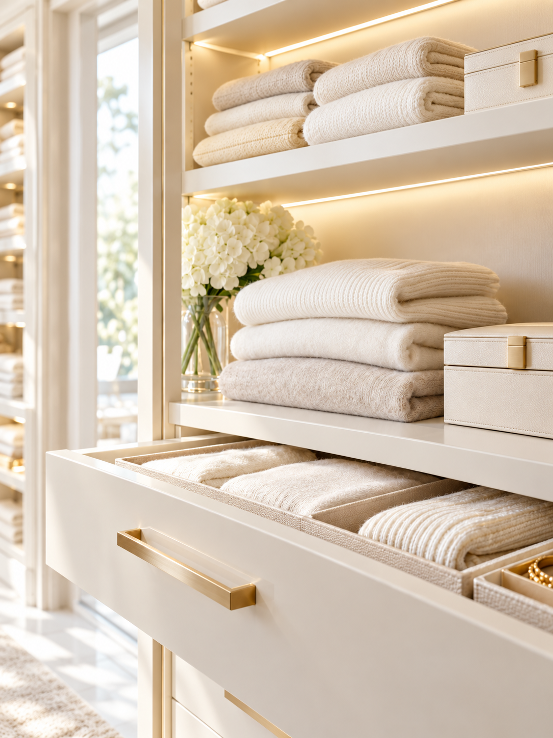 Luxury wardrobe organisation with neatly folded cream knitwear in an ivory drawer with brass details.