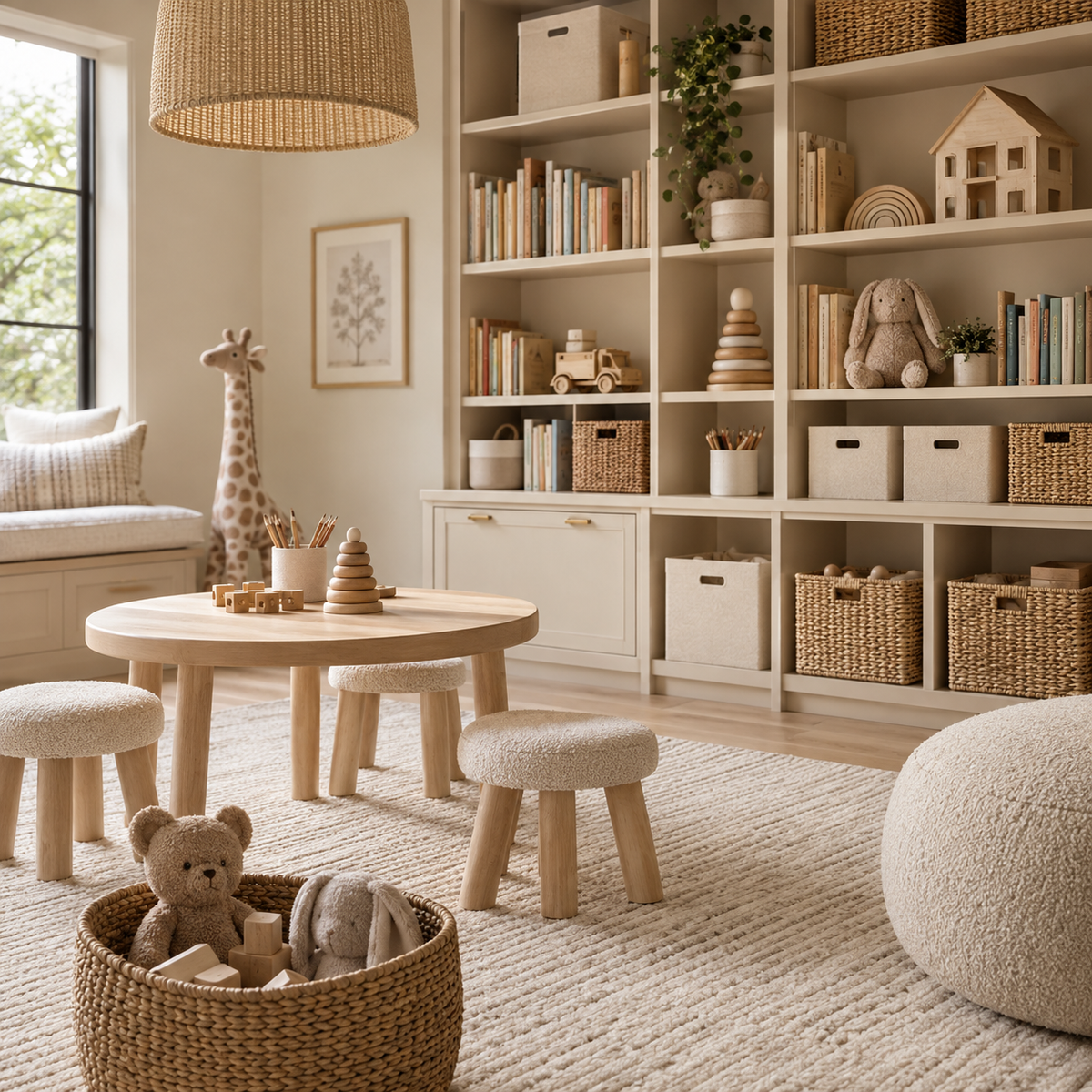 Organised neutral playroom with books, woven baskets, wooden toys and children's storage in a calm cream interior.