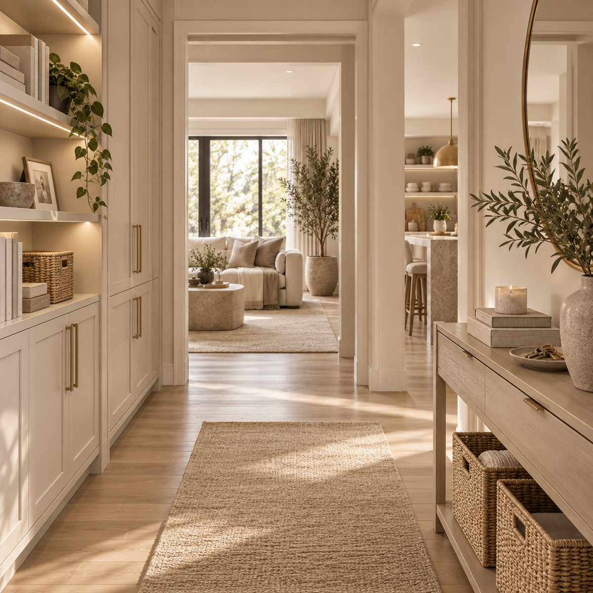 Organised private residence with built-in storage, woven baskets and connected living spaces in a warm neutral interior.