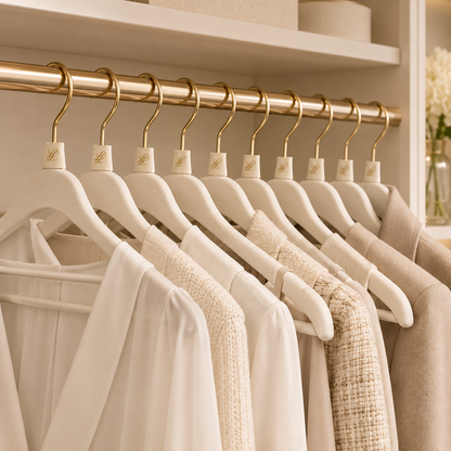 Warm-ivory hangers with champagne-gold hooks and woven LL loops holding neutral garments in an organised wardrobe.