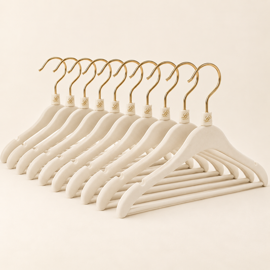 Set of ten warm-ivory slim wardrobe hangers with champagne-gold hooks and discreet gold LL monogram details.