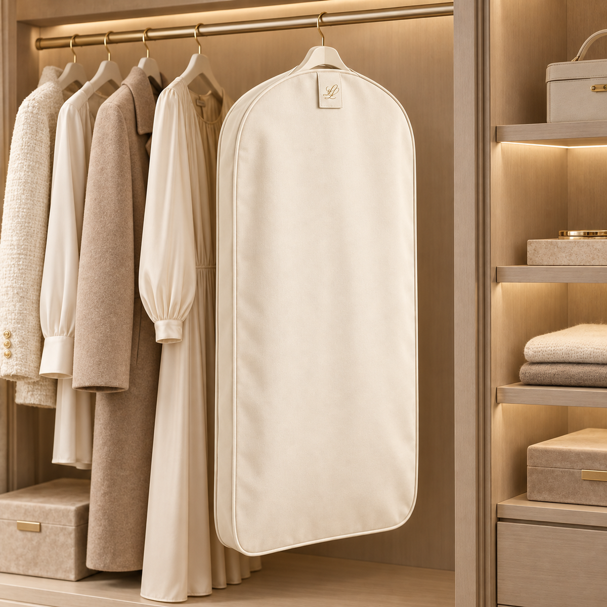 Warm-ivory garment cover with gold LL detail hanging in an organised neutral wardrobe beside dresses, coats and folded knitwear.