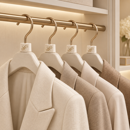 Warm-ivory structured hangers with woven LL monogram loops holding neutral tailored jackets in an organised wardrobe.