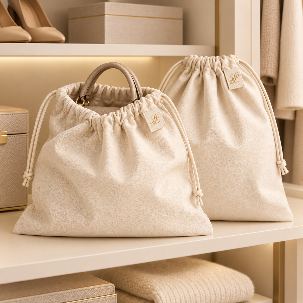 Warm-ivory wardrobe dust bags on an organised wardrobe shelf, with one bag protecting a handbag and discreet gold LL details.