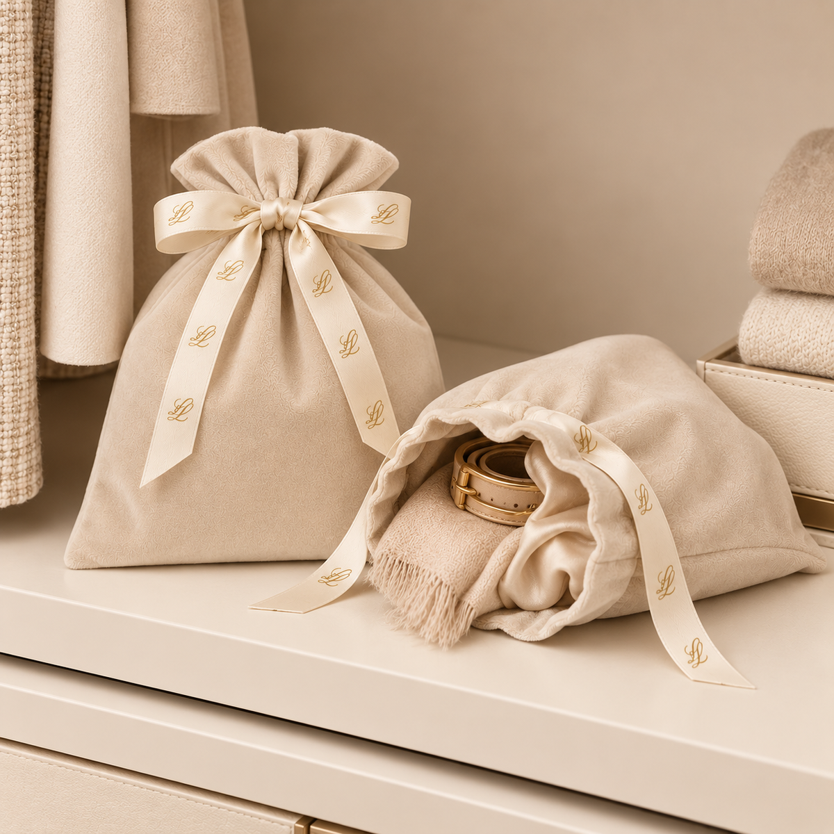 Two warm-ivory velvet wardrobe pouches with gold LL ribbon, one open to reveal a scarf and belt on an organised wardrobe shelf.