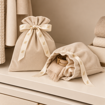 Two warm-ivory velvet wardrobe pouches with gold LL ribbon, one open to reveal a scarf and belt on an organised wardrobe shelf.