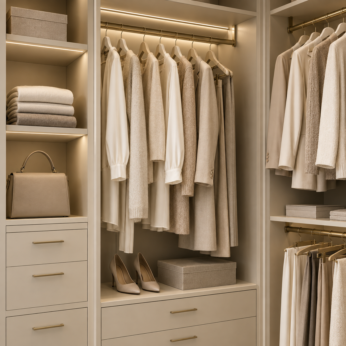 Organised built-in wardrobe with ivory and taupe clothing, folded garments, handbag and shoes.