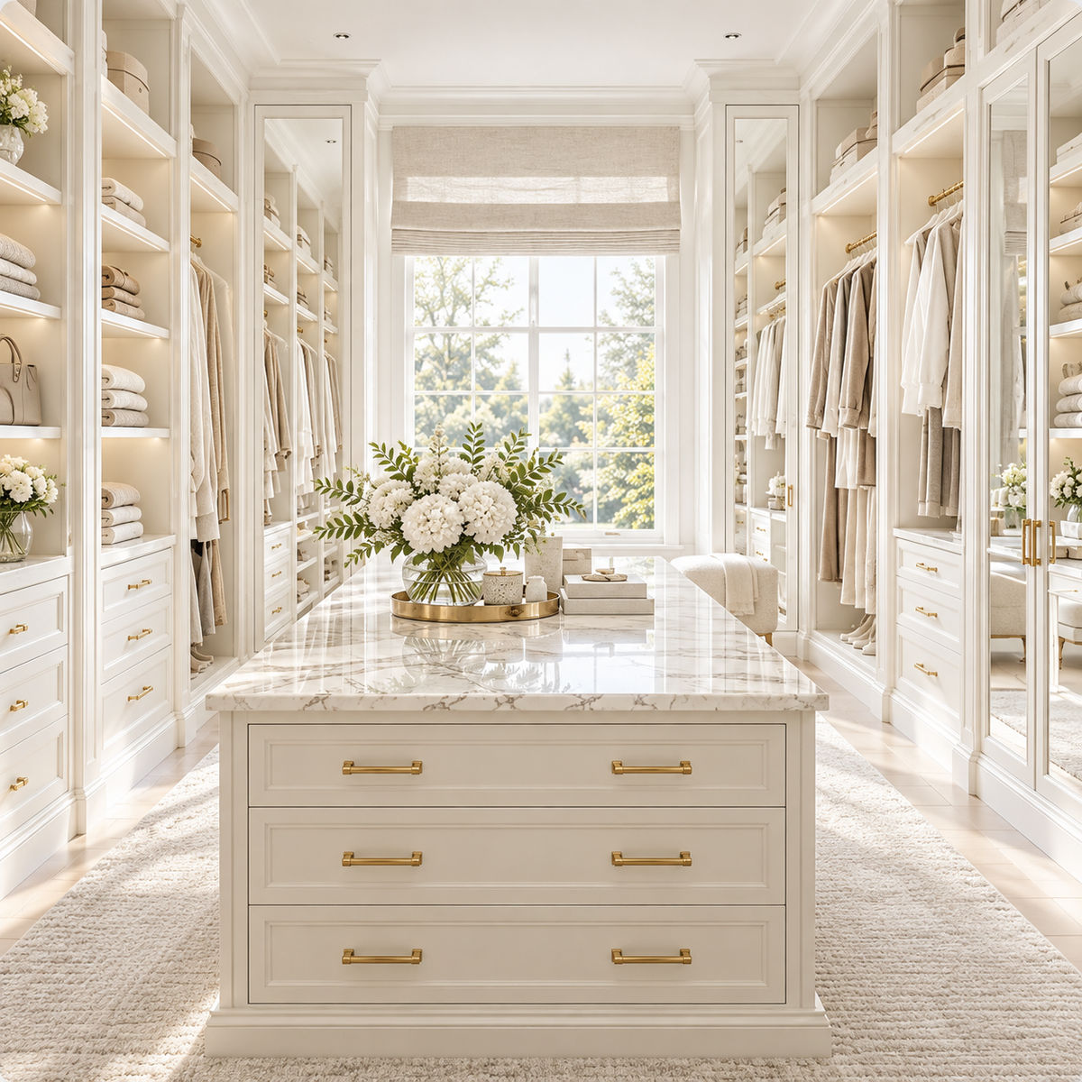 Luxury organised walk-in wardrobe with ivory cabinetry, neutral clothing and champagne-gold details in a private home.