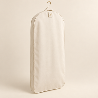 Warm-ivory full-length garment cover with champagne-gold hook and discreet gold LL woven tab on a neutral studio background.