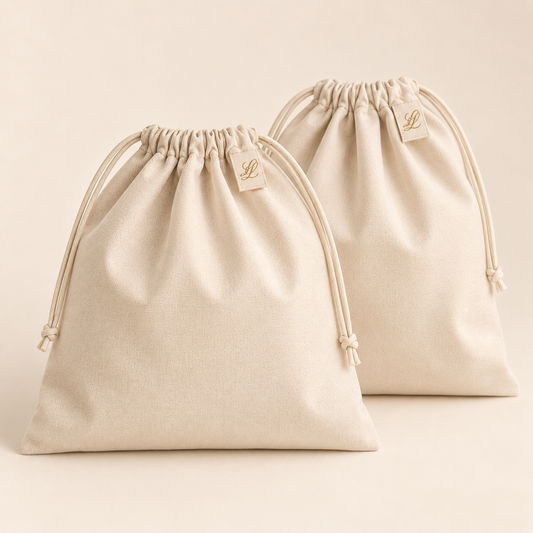 Pair of warm-ivory wardrobe dust bags with matching drawstrings and discreet champagne-gold LL woven tabs.