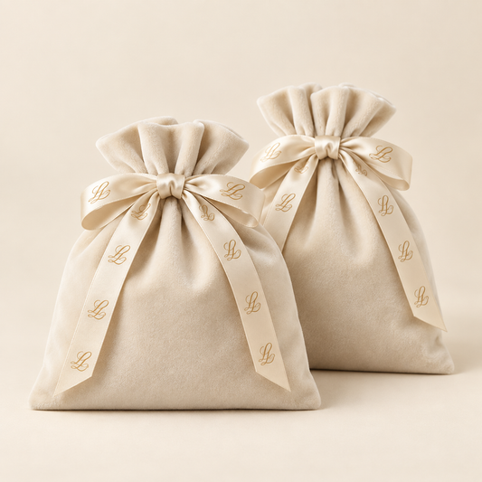 Pair of warm-ivory velvet wardrobe pouches with matching satin ribbons and repeating champagne-gold LL monograms.