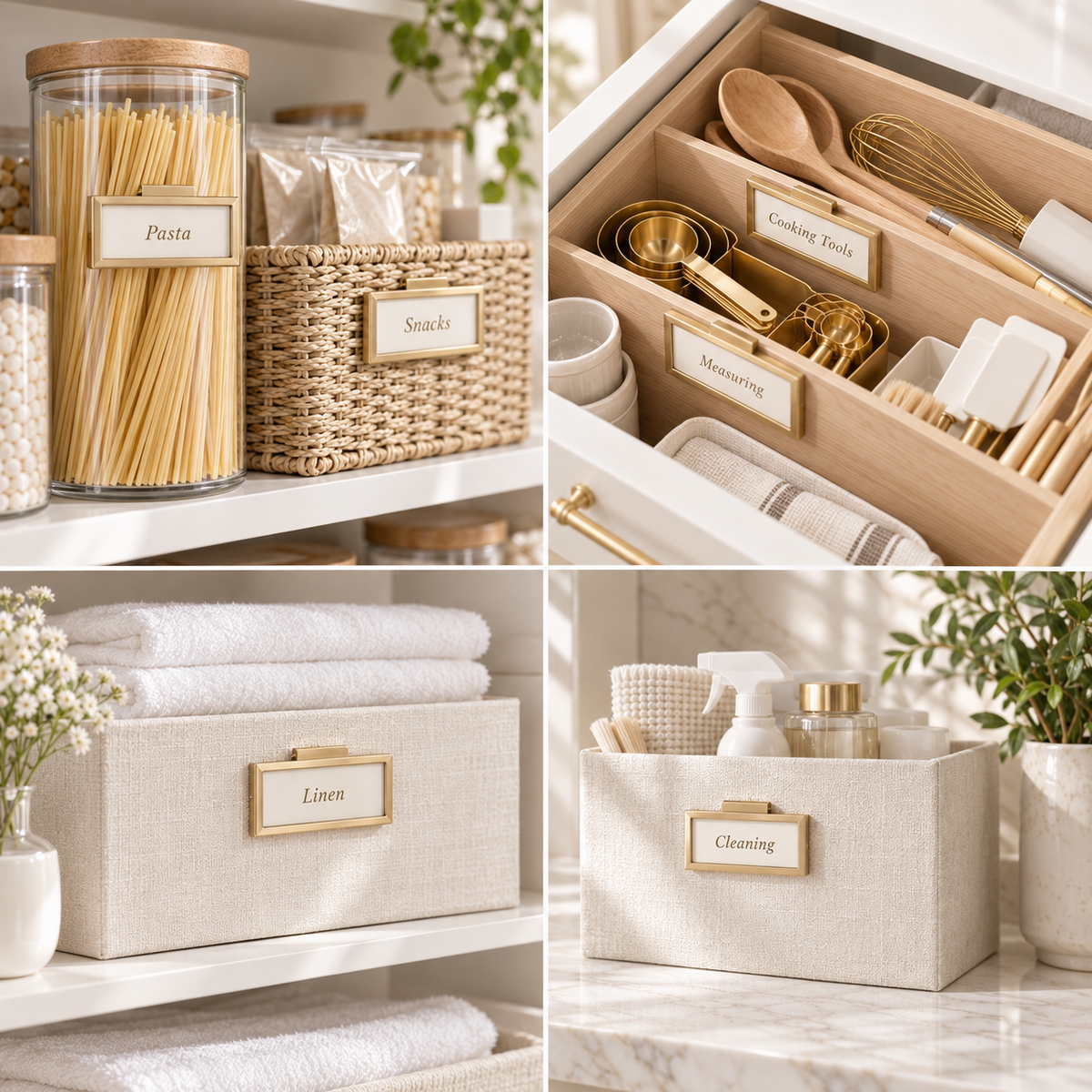Household label clips used on pantry baskets, kitchen drawer dividers, linen storage and fabric boxes in bright organised spaces.