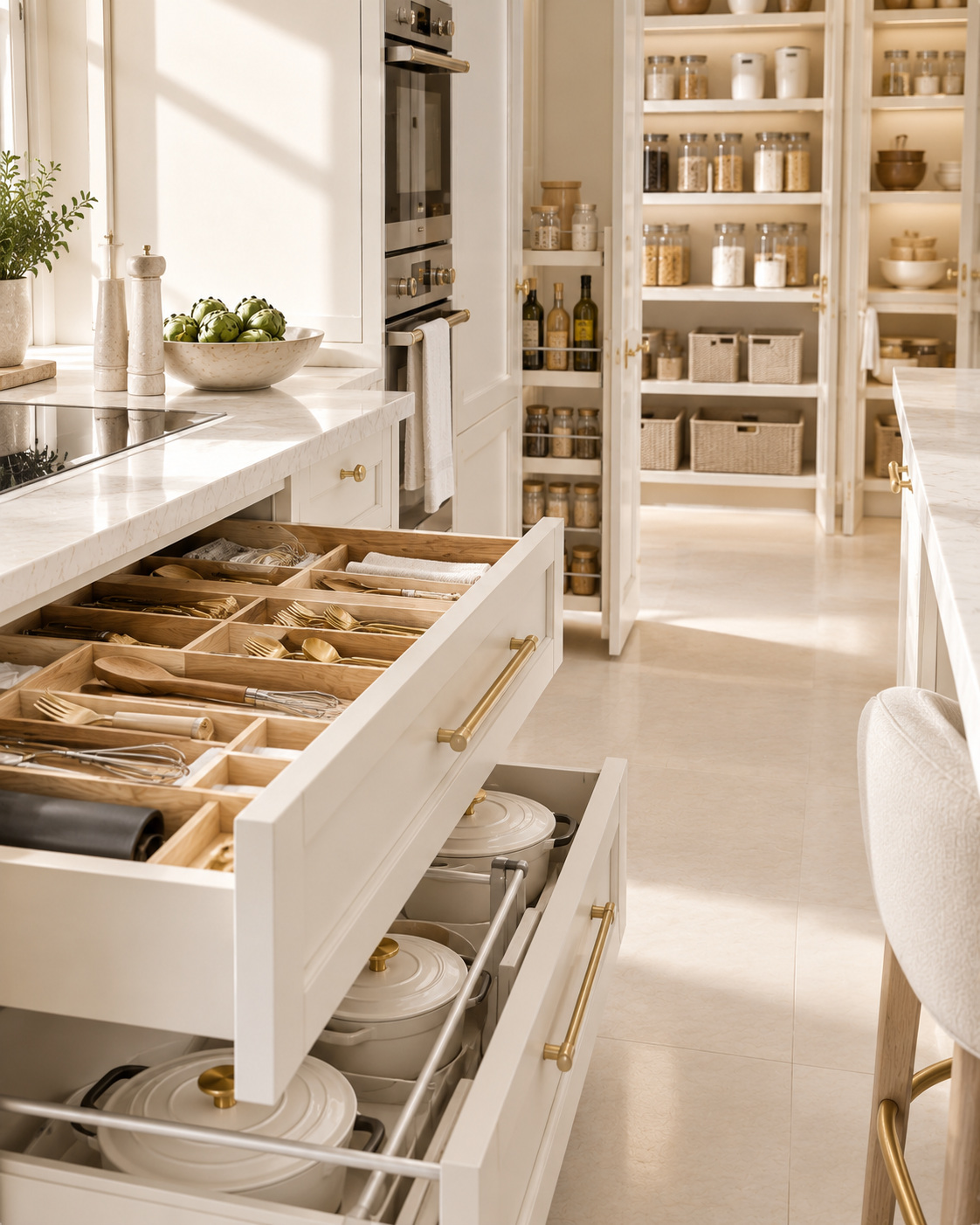 Bright organised kitchen storage with divided drawers, neatly arranged everyday essentials and warm-ivory cabinetry.