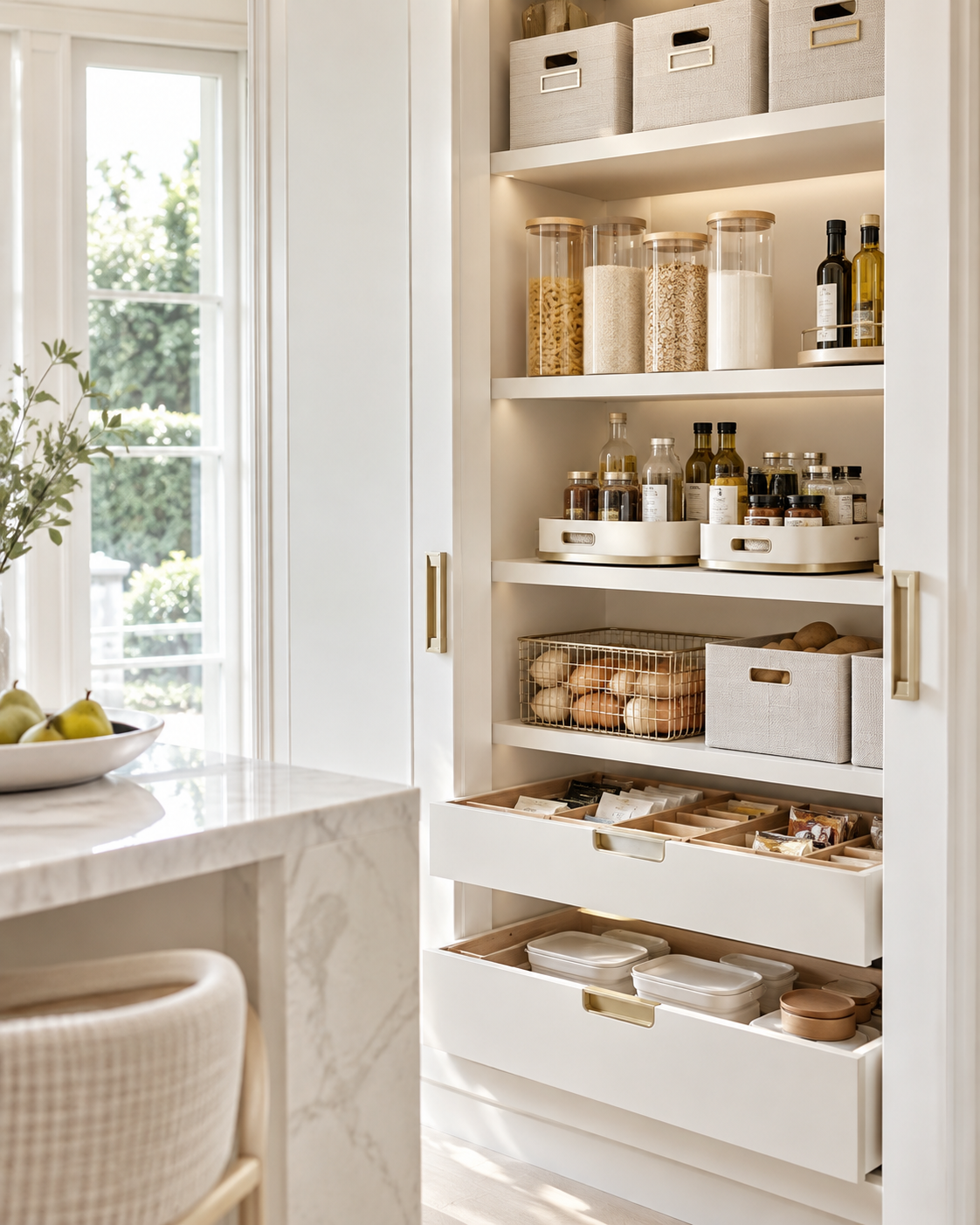Bright organised kitchen pantry with warm-white cabinetry, pull-out drawers, clear containers, baskets and neatly grouped everyday essentials.