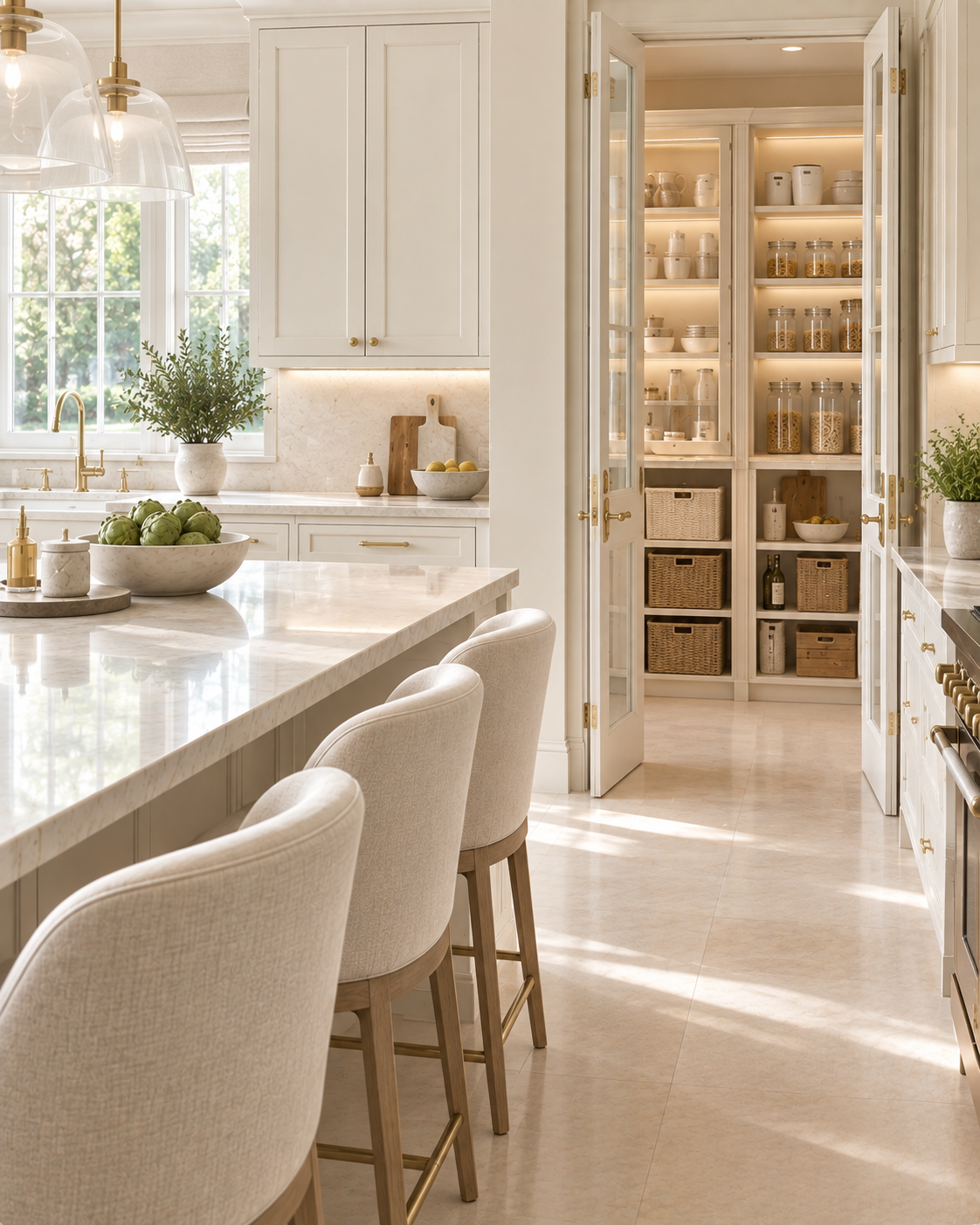 Bright luxury warm-ivory kitchen with refined seating and an organised pantry containing neatly arranged everyday storage.