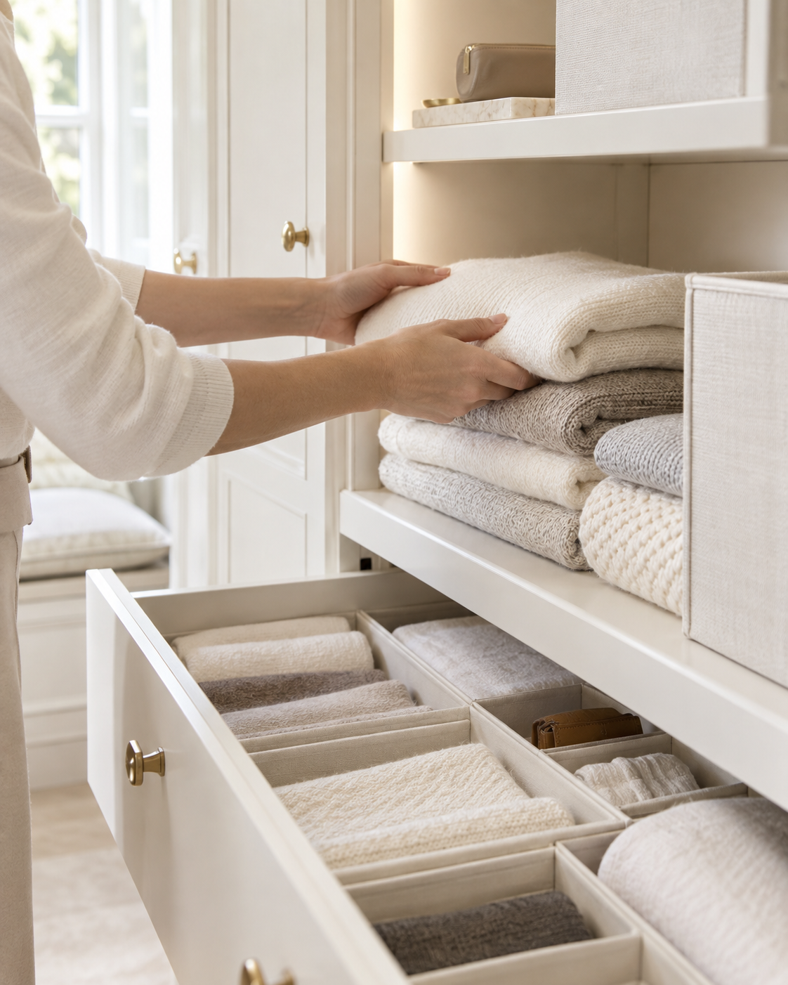 Private home organisation service with careful hands arranging belongings in bright ivory built-in storage, showing a considered and practical organisation process.