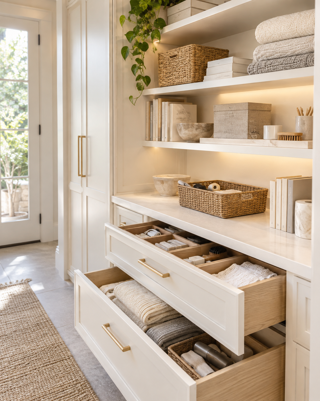 Practical private home organisation system with bright ivory cabinetry, accessible drawers, shelves and neatly grouped household belongings.