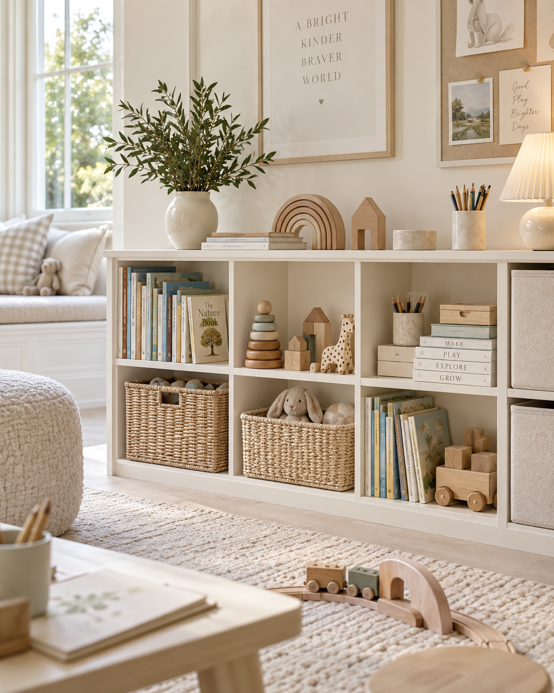 Bright child-accessible playroom storage with organised books, wooden toys, drawers and warm-ivory baskets.