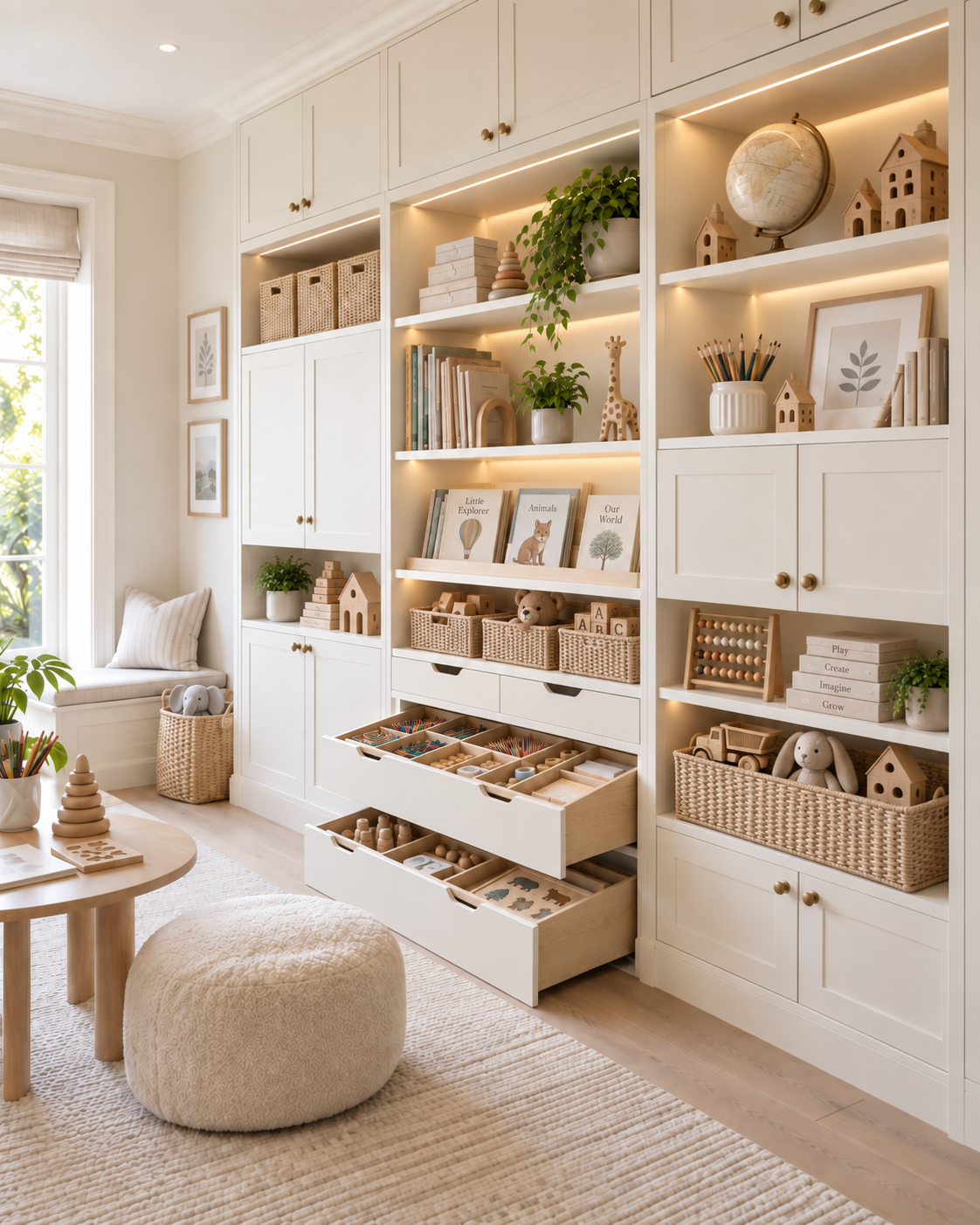 Bright modular playroom storage with warm-white cabinetry, organised drawers, baskets, books and toys arranged for practical everyday access.
