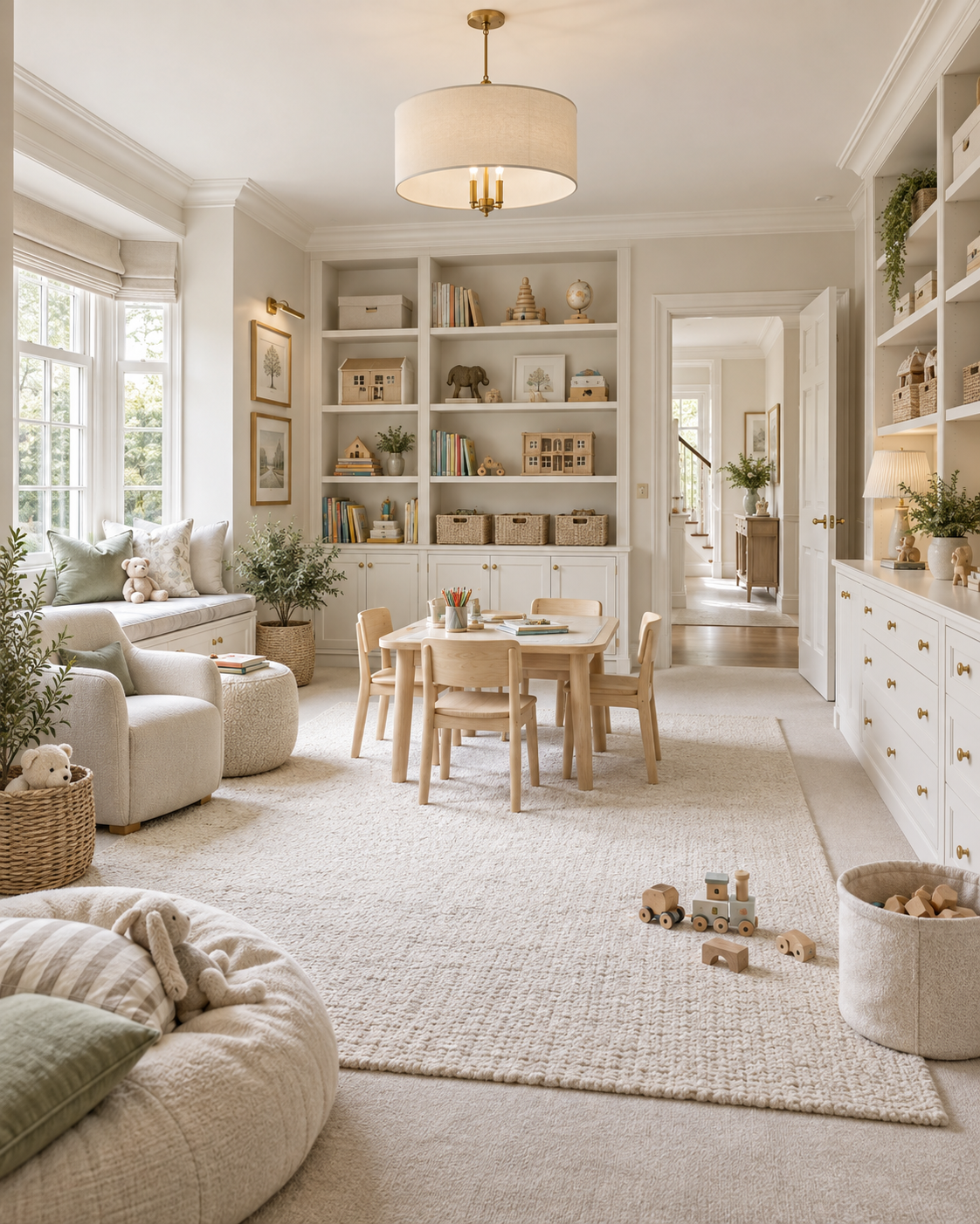 Bright modular playroom storage with warm-white shelving, drawers, baskets, books and neatly organised toys.