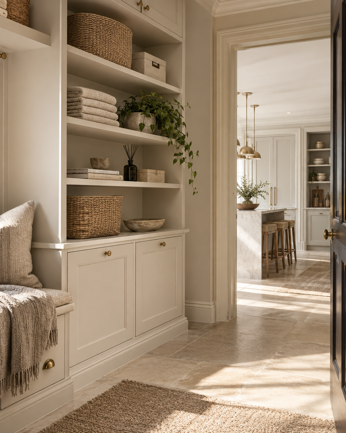 Warm neutral private home interior with organised built-in storage leading into an elegant kitchen.