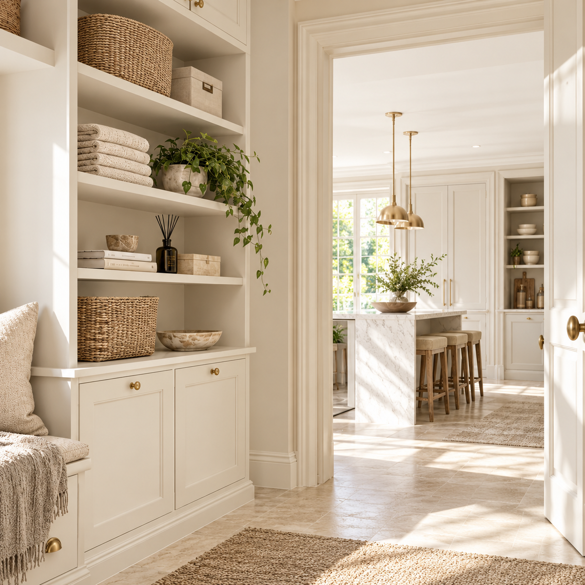 Bright luxury private home interior with ivory built-in storage, an organised kitchen and brass details.