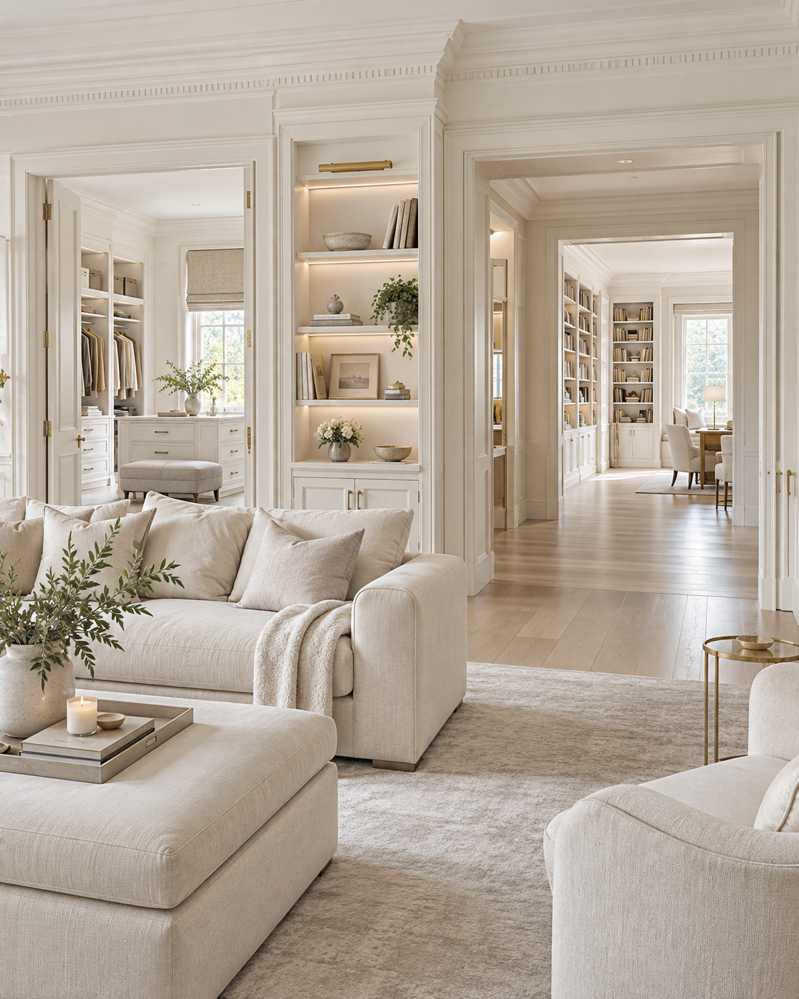 Bright luxury private residence with a coordinated dressing room, integrated shelving and connected living spaces in a soft white-and-ivory palette.