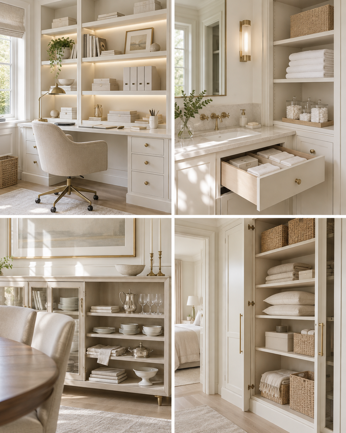 Private home organisation across a home office, bathroom, dining room and linen storage, showing coordinated household systems throughout a luxury residence.