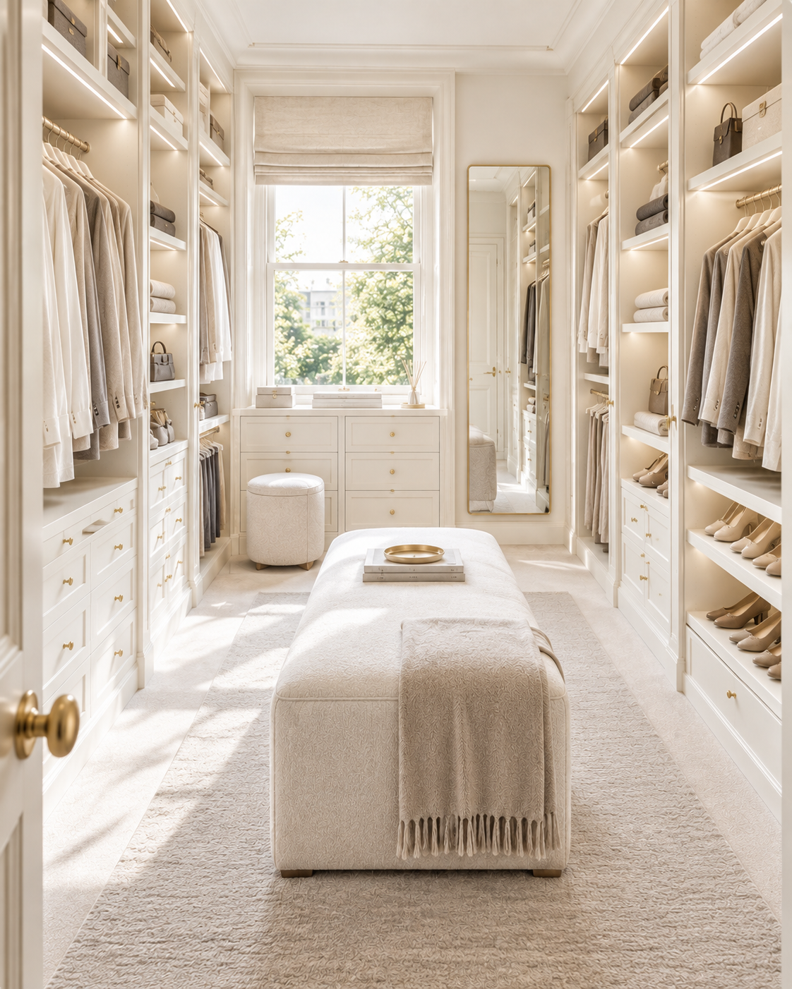 Bright warm-ivory dressing room with organised wardrobes, coordinated clothing, folded knitwear, shoes and a central upholstered bench.